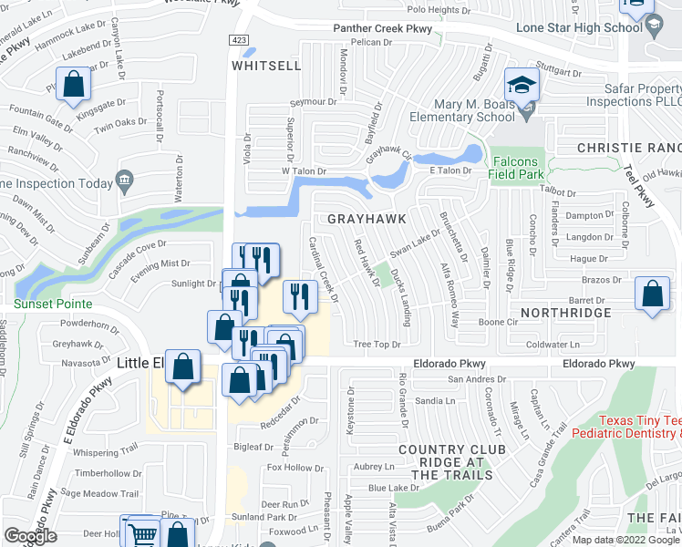 map of restaurants, bars, coffee shops, grocery stores, and more near 12423 Hawk Creek Drive in Frisco