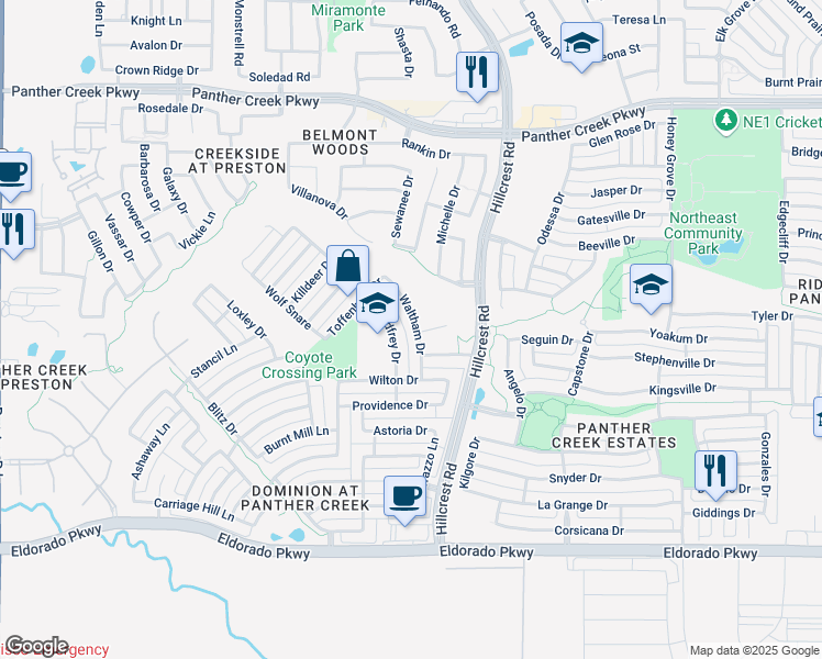 map of restaurants, bars, coffee shops, grocery stores, and more near 12584 Godfrey Drive in Frisco