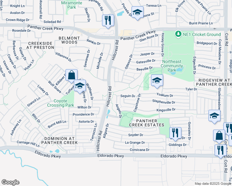 map of restaurants, bars, coffee shops, grocery stores, and more near 11104 Seguin Drive in Frisco