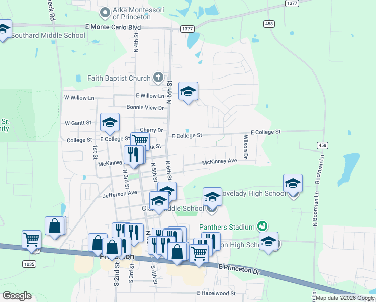 map of restaurants, bars, coffee shops, grocery stores, and more near 623 McKinney Avenue in Princeton