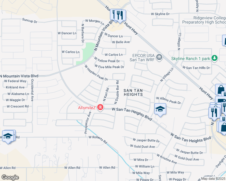 map of restaurants, bars, coffee shops, grocery stores, and more near 3194 West Tanner Ranch Road in Queen Creek