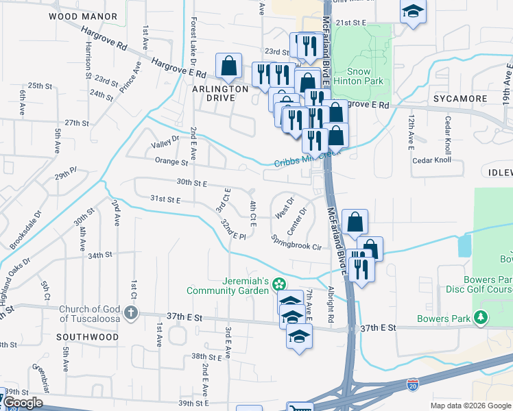 map of restaurants, bars, coffee shops, grocery stores, and more near 3028 4th Court East in Tuscaloosa