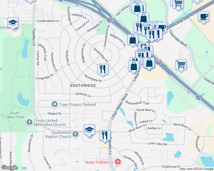 map of restaurants, bars, coffee shops, grocery stores, and more near 601 Lafayette Drive in Denton
