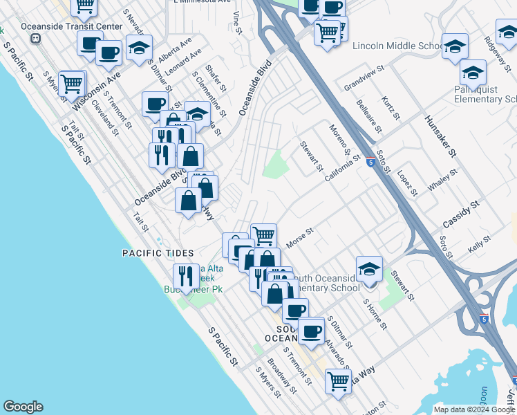 map of restaurants, bars, coffee shops, grocery stores, and more near 161 Sherri Lane in Oceanside