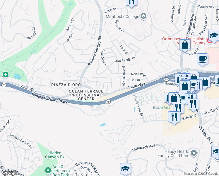 map of restaurants, bars, coffee shops, grocery stores, and more near 3573 Paseo De Los Californianos in Oceanside