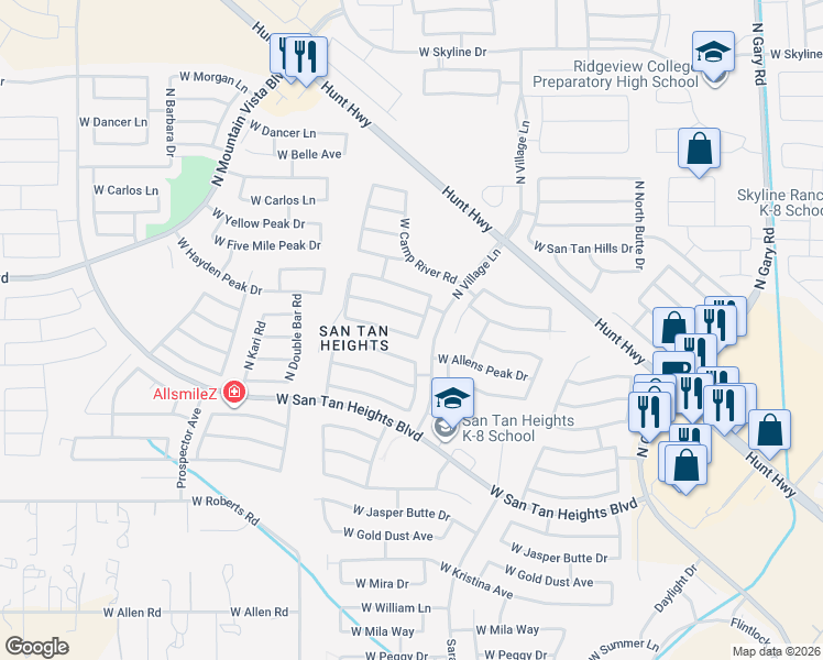 map of restaurants, bars, coffee shops, grocery stores, and more near 2749 West Allens Peak Drive in Queen Creek