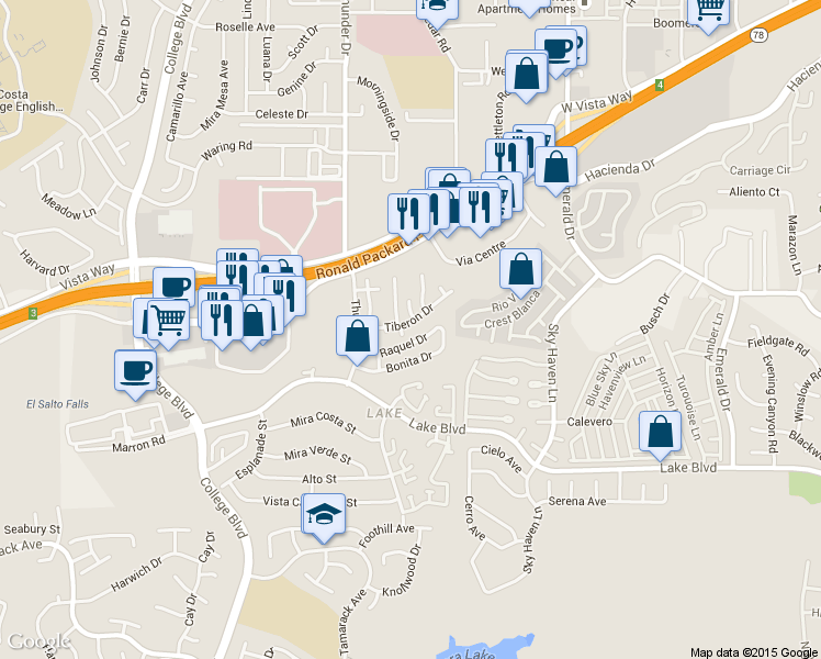 map of restaurants, bars, coffee shops, grocery stores, and more near 4271 Raquel Drive in Oceanside