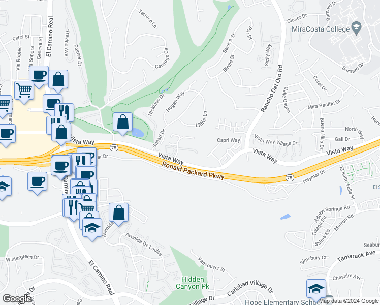 map of restaurants, bars, coffee shops, grocery stores, and more near 2360 Paseo De Laura in Oceanside