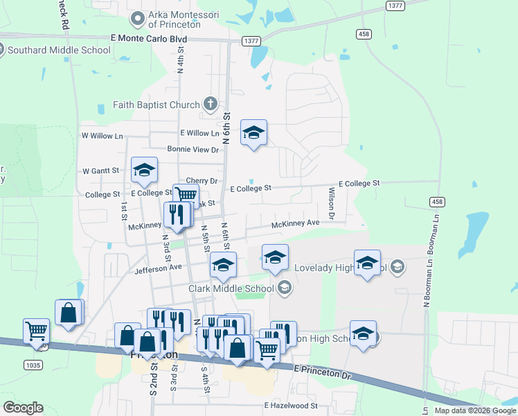 map of restaurants, bars, coffee shops, grocery stores, and more near 805 8th Street in Princeton