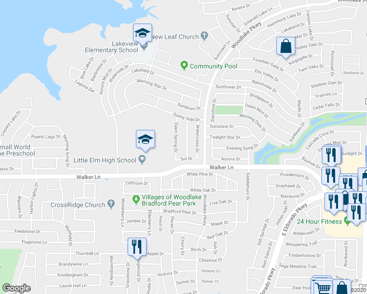map of restaurants, bars, coffee shops, grocery stores, and more near 2721 Enchanted Eve Drive in Little Elm