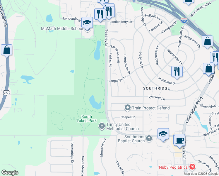 map of restaurants, bars, coffee shops, grocery stores, and more near 2221 Fairfax Trail in Denton