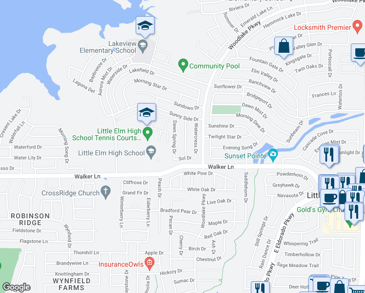 map of restaurants, bars, coffee shops, grocery stores, and more near 2721 Enchanted Eve Drive in Little Elm