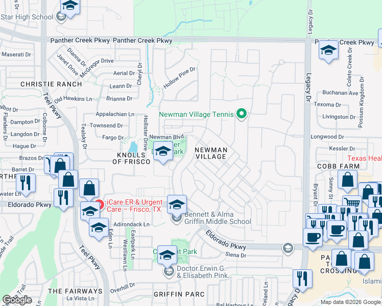 map of restaurants, bars, coffee shops, grocery stores, and more near 12473 Winding Hollow Lane in Frisco