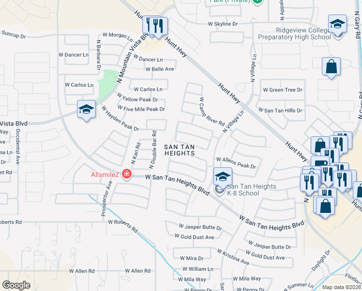 map of restaurants, bars, coffee shops, grocery stores, and more near 2896 West Tanner Ranch Road in Queen Creek