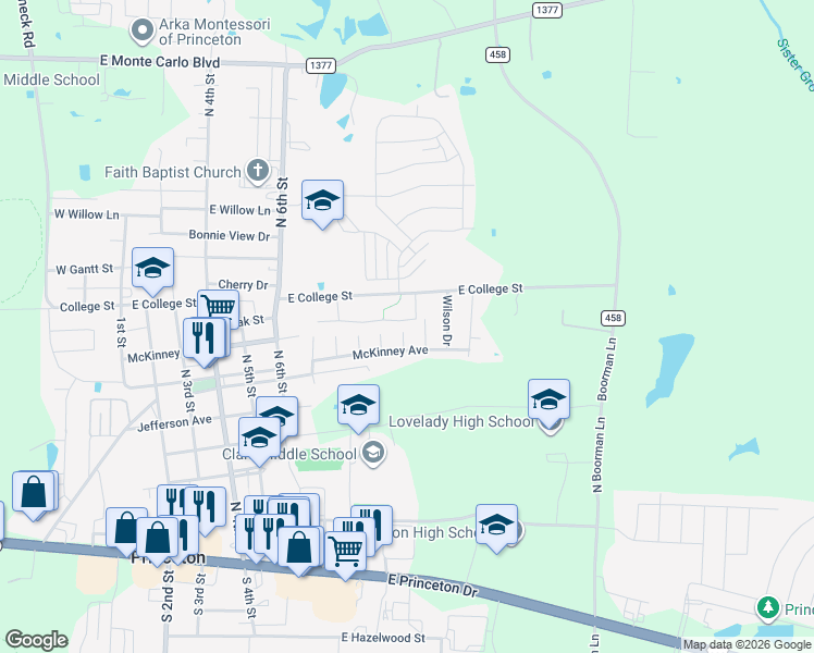 map of restaurants, bars, coffee shops, grocery stores, and more near 804 12th Street in Princeton
