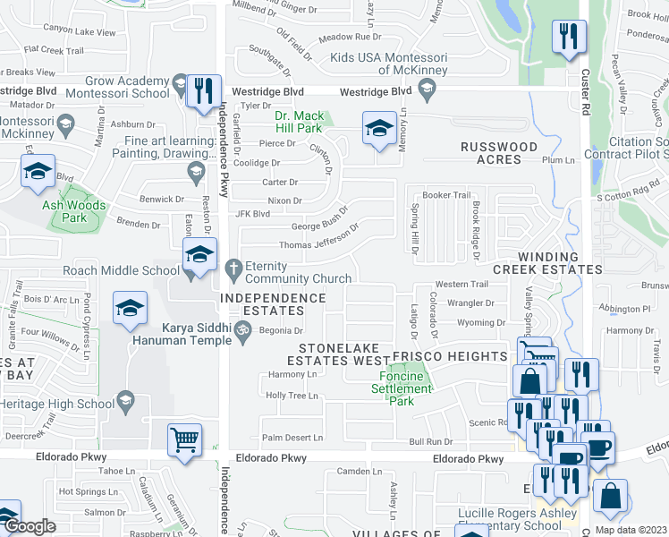 map of restaurants, bars, coffee shops, grocery stores, and more near 9717 George Washington Drive in McKinney