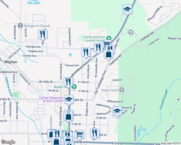 map of restaurants, bars, coffee shops, grocery stores, and more near 1014 North Main Avenue in Sylacauga