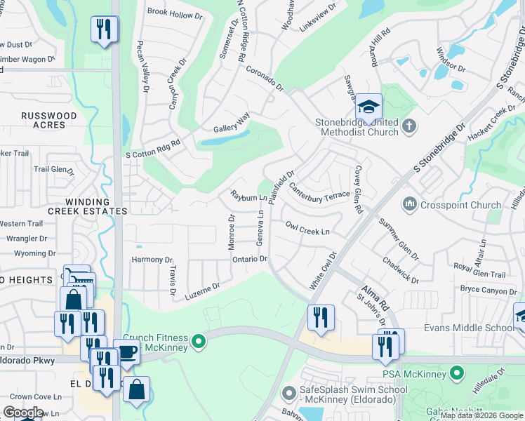 map of restaurants, bars, coffee shops, grocery stores, and more near 8205 Olympia Drive in McKinney