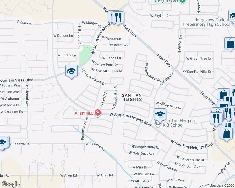 map of restaurants, bars, coffee shops, grocery stores, and more near 3149 West Tanner Ranch Road in Queen Creek