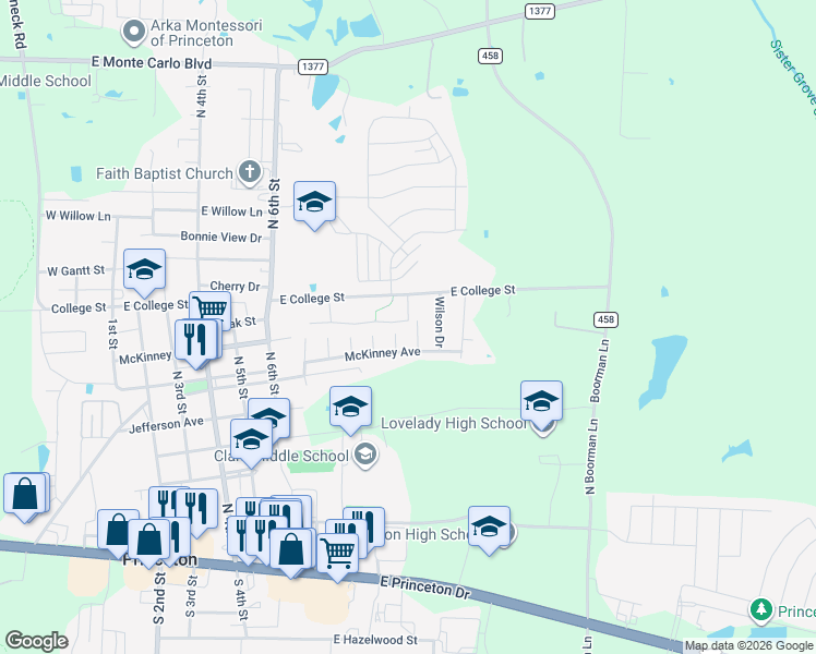 map of restaurants, bars, coffee shops, grocery stores, and more near 804 12th Street in Princeton
