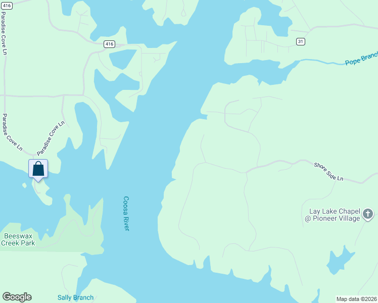 map of restaurants, bars, coffee shops, grocery stores, and more near 2082 Shore Side Lane in Sylacauga