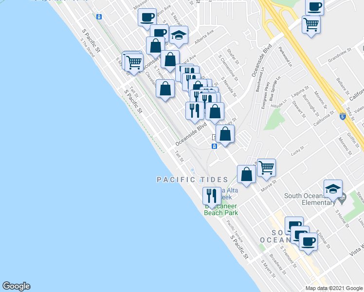 map of restaurants, bars, coffee shops, grocery stores, and more near in Oceanside