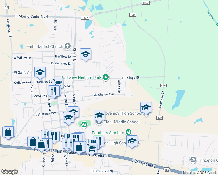 map of restaurants, bars, coffee shops, grocery stores, and more near 804 12th Street in Princeton