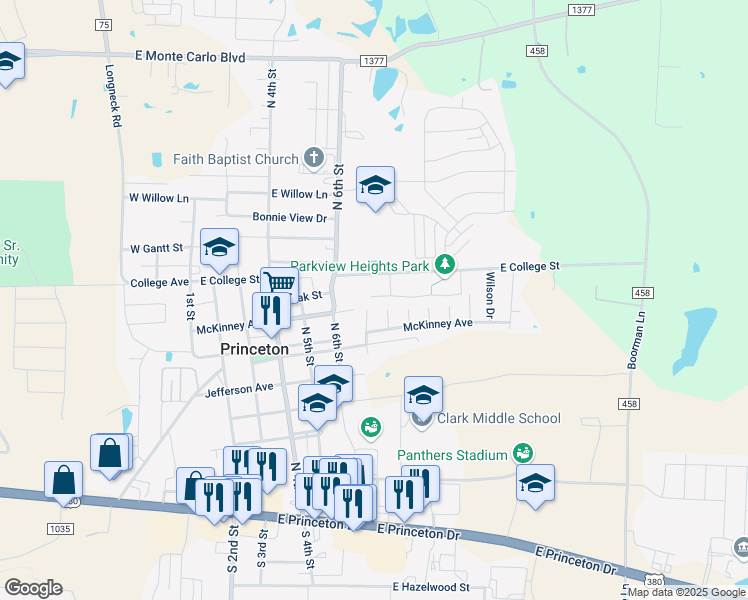 map of restaurants, bars, coffee shops, grocery stores, and more near 623 McKinney Avenue in Princeton