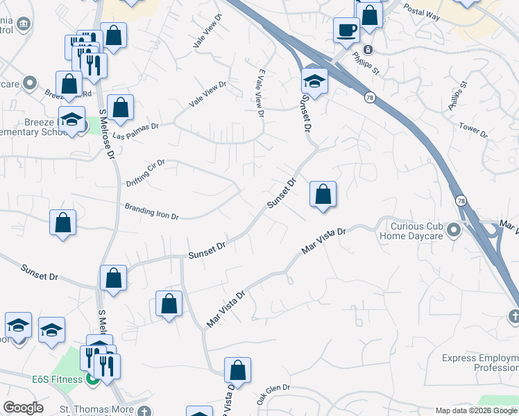 map of restaurants, bars, coffee shops, grocery stores, and more near 1002 Via Carina in Vista