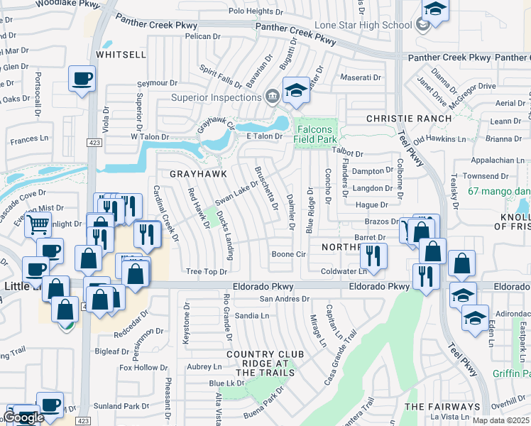 map of restaurants, bars, coffee shops, grocery stores, and more near 1803 Renault Drive in Frisco