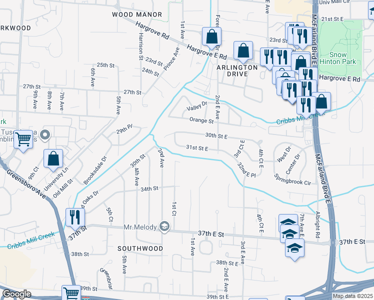 map of restaurants, bars, coffee shops, grocery stores, and more near 109 31st Street in Tuscaloosa