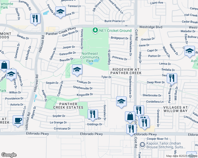 map of restaurants, bars, coffee shops, grocery stores, and more near 11977 Tyler Drive in Frisco