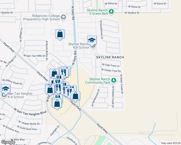 map of restaurants, bars, coffee shops, grocery stores, and more near 1133 West Mesquite Tree Lane in San Tan Valley