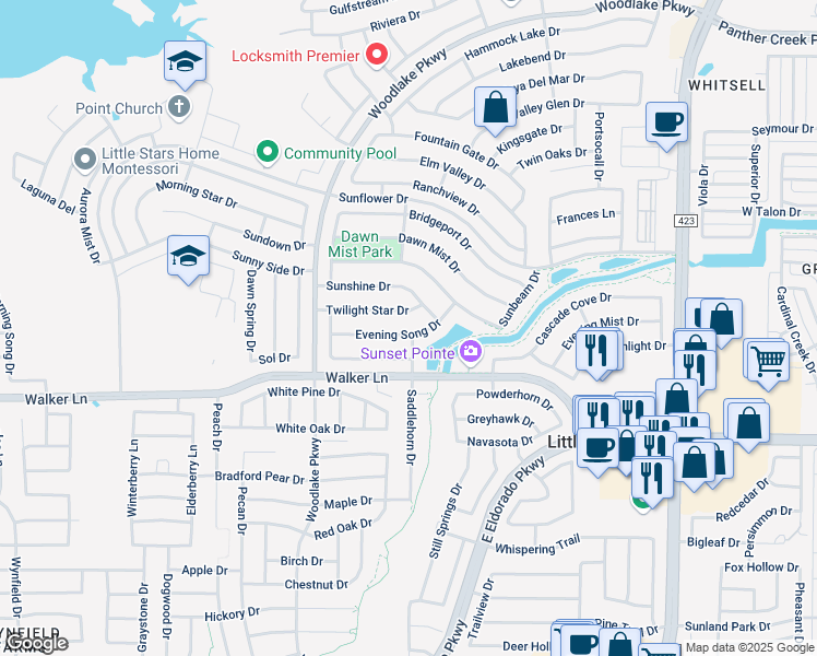 map of restaurants, bars, coffee shops, grocery stores, and more near 2352 Evening Song Drive in Little Elm