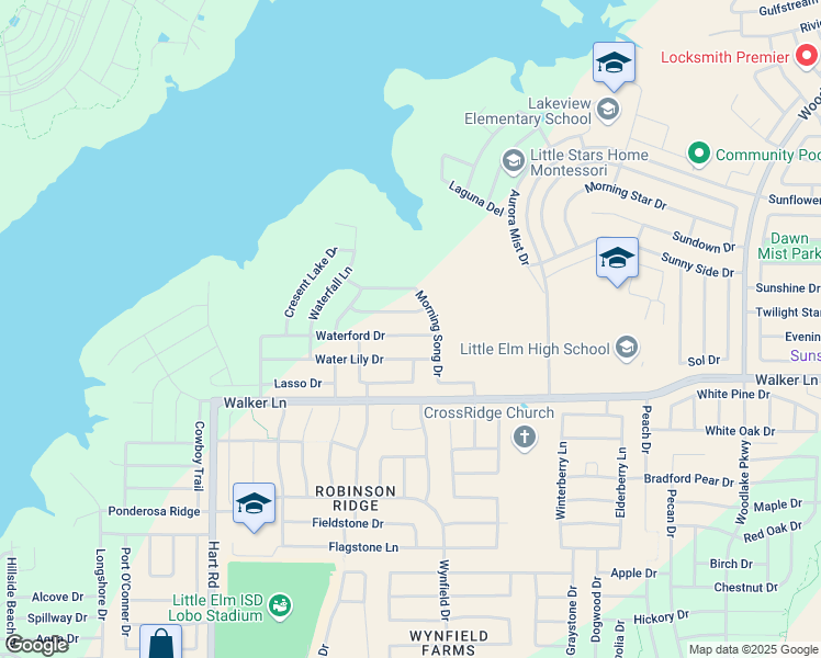 map of restaurants, bars, coffee shops, grocery stores, and more near 1453 Waterford Drive in Little Elm