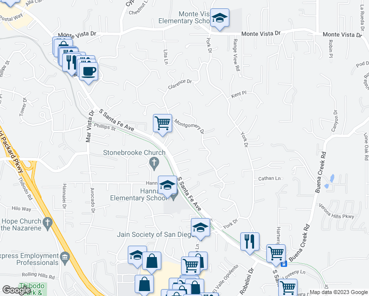 map of restaurants, bars, coffee shops, grocery stores, and more near 1570 South Santa Fe Avenue in Vista