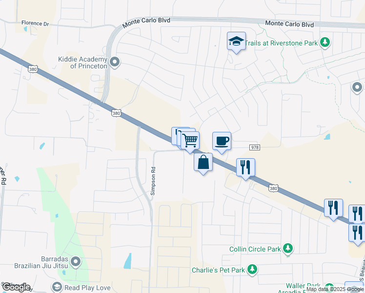 map of restaurants, bars, coffee shops, grocery stores, and more near 960 Simpson Road in Princeton
