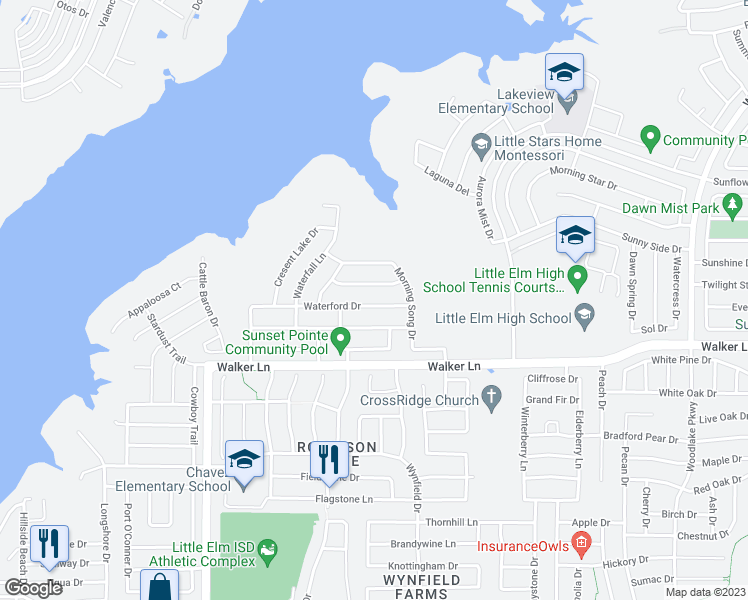 map of restaurants, bars, coffee shops, grocery stores, and more near 1441 Waterford Drive in Little Elm