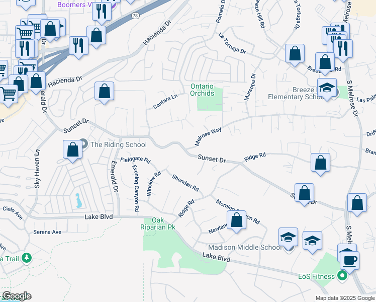 map of restaurants, bars, coffee shops, grocery stores, and more near 1706 Sunset Drive in Vista