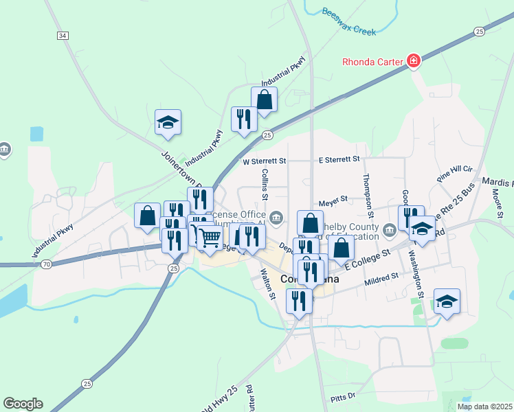 map of restaurants, bars, coffee shops, grocery stores, and more near 101 Collins Street in Columbiana