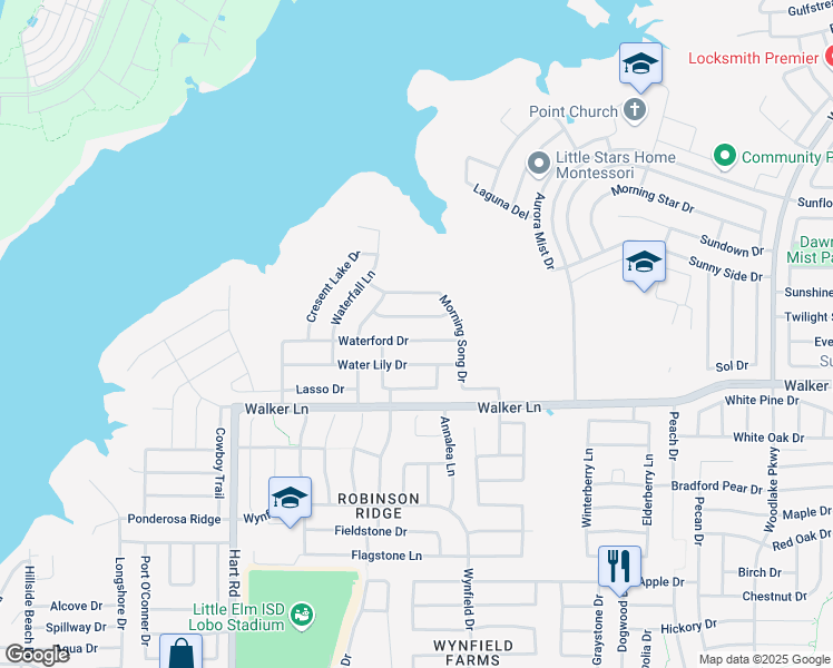 map of restaurants, bars, coffee shops, grocery stores, and more near 1437 Waterford Drive in Little Elm