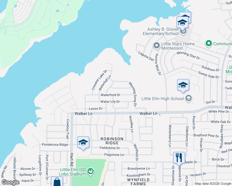map of restaurants, bars, coffee shops, grocery stores, and more near 1417 Waterford Drive in Little Elm