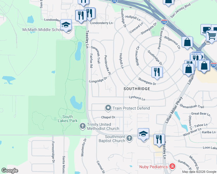 map of restaurants, bars, coffee shops, grocery stores, and more near 2224 Savannah Trail in Denton