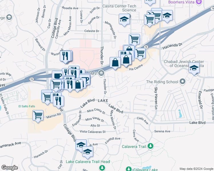 map of restaurants, bars, coffee shops, grocery stores, and more near 3472 Thunder Drive in Oceanside