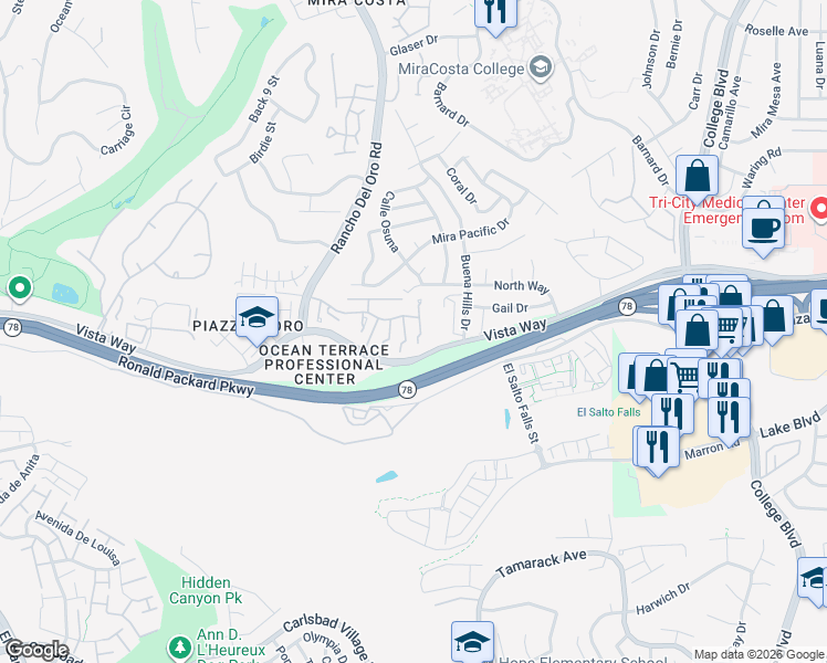 map of restaurants, bars, coffee shops, grocery stores, and more near 3569 Paseo De Los Californianos in Oceanside