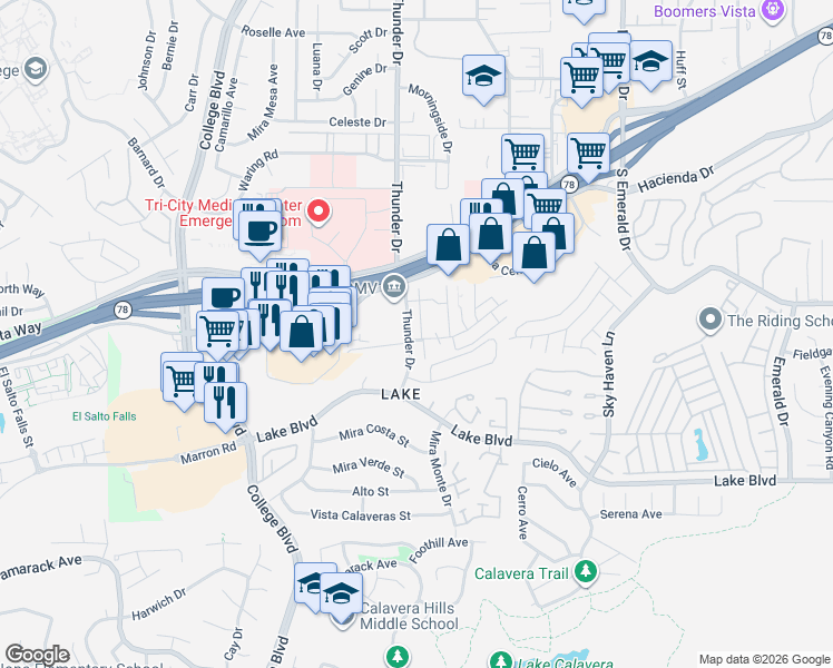 map of restaurants, bars, coffee shops, grocery stores, and more near 3472 Thunder Drive in Oceanside