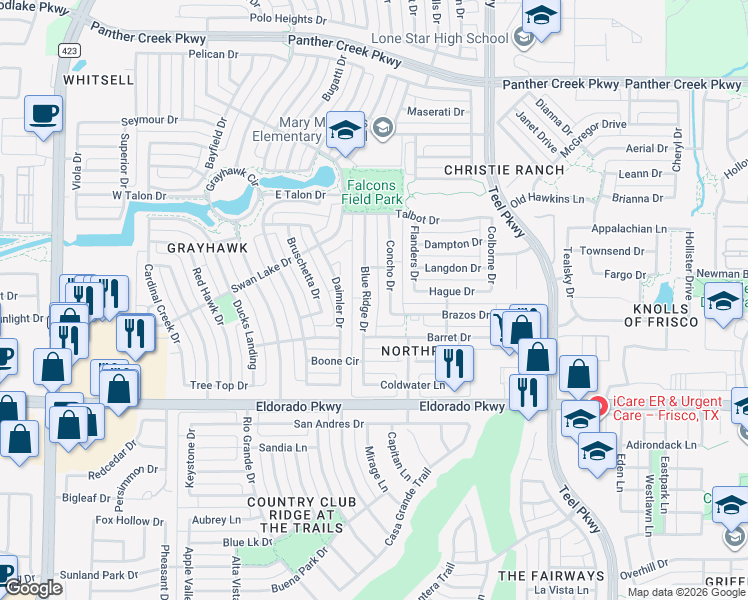 map of restaurants, bars, coffee shops, grocery stores, and more near 12403 Concho Drive in Frisco