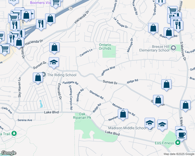 map of restaurants, bars, coffee shops, grocery stores, and more near 1706 Sunset Drive in Vista