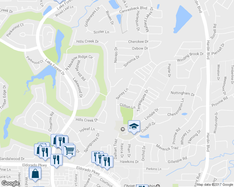 map of restaurants, bars, coffee shops, grocery stores, and more near 1916 Surrey Lane in McKinney