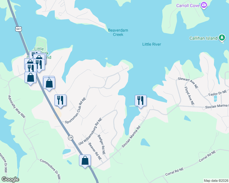 map of restaurants, bars, coffee shops, grocery stores, and more near 108A Sportsman Circle Northeast in Milledgeville
